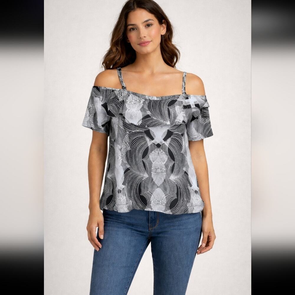 Valija Women’s XS Black/ Blue Abstract One-Strap Off-Shoulder Summer Blouse#1186